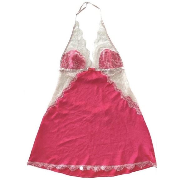 VTG Y2K Victoria's Secret Chemise Slip Dress S/P Hot Neon Pink Satin Lace Iconic - Picture 1 of 6